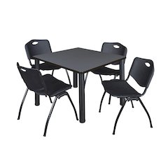 36 in Square Breakroom Table- Grey Top, Black Legs, 4 M Stack Chairs- Black