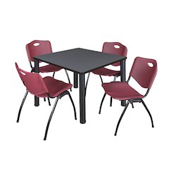 36 in Square Breakroom Table- Grey Top, Black Legs, 4 M Stack Chairs- Burgundy