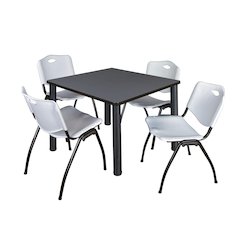 36 in Square Breakroom Table- Grey Top, Black Legs, 4 M Stack Chairs- Grey