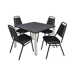36 in Square Breakroom Table- Grey Top, Chrome Legs, 4 Restaurant Stack Chairs