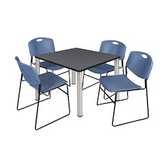 36 in Square Breakroom Table- Grey Top, Chrome Legs, 4 Zeng Stack Chairs- Blue
