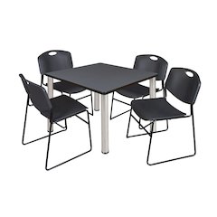 36 in Square Breakroom Table- Grey Top, Chrome Legs, 4 Zeng Stack Chairs- Black