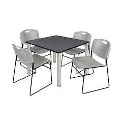 36 in Square Breakroom Table- Grey Top, Chrome Legs, 4 Zeng Stack Chairs- Grey