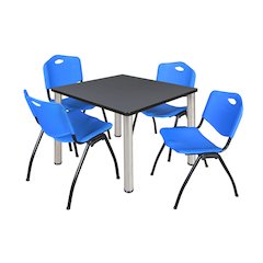 36 in Square Breakroom Table- Grey Top, Chrome Legs, 4 M Stack Chairs- Blue