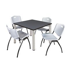 36 in Square Breakroom Table- Grey Top, Chrome Legs, 4 M Stack Chairs- Grey