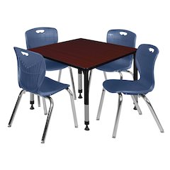 36 Square Adjustable Classroom Table- Mahogany & 4 Andy 18 Stack Chairs- Blue