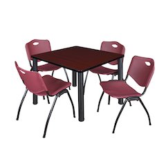36 Square Breakroom Table- Mahogany Top, Black Legs, 4 M Stack Chairs- Burgundy