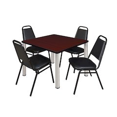 36 Square Breakroom Table- Mahogany Top, Chrome Legs, 4 Restaurant Stack Chairs