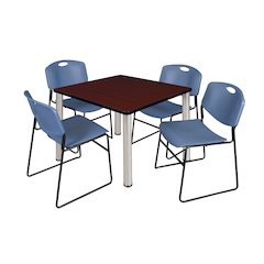 36 Square Breakroom Table- Mahogany Top, Chrome Legs, 4 Zeng Stack Chairs- Blue