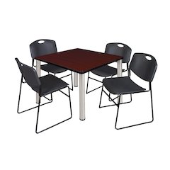 36 Square Breakroom Table- Mahogany Top, Chrome Legs, 4 Zeng Stack Chairs- Black