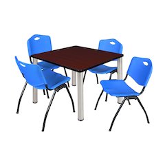 36 in Square Breakroom Table- Mahogany Top, Chrome Legs, 4 M Stack Chairs- Blue