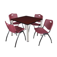 36 Square Breakroom Table- Mahogany Top, Chrome Legs, 4 M Stack Chairs- Burgundy