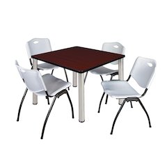 36 in Square Breakroom Table- Mahogany Top, Chrome Legs, 4 M Stack Chairs- Grey