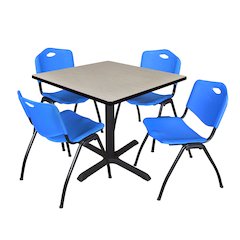 36 in. Square X-Base Breakroom Table- Maple & 4 M Stack Chairs- Blue