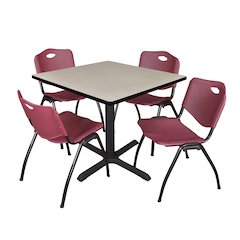 36 in. Square X-Base Breakroom Table- Maple & 4 M Stack Chairs- Burgundy