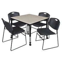 36 Square Mobile Adjustable Classroom Table- Maple & 4 Zeng Stack Chairs- Black