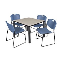 36 in Square Breakroom Table- Maple Top, Black Legs, 4 Zeng Stack Chairs- Blue