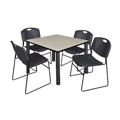 36 in Square Breakroom Table- Maple Top, Black Legs, 4 Zeng Stack Chairs- Black