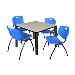 36 in Square Breakroom Table- Maple Top, Black Legs, 4 M Stack Chairs- Blue