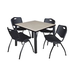 36 in Square Breakroom Table- Maple Top, Black Legs, 4 M Stack Chairs- Black