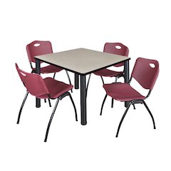 36 in Square Breakroom Table- Maple Top, Black Legs, 4 M Stack Chairs- Burgundy