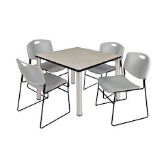 36 in Square Breakroom Table- Maple Top, Chrome Legs, 4 Zeng Stack Chairs- Grey