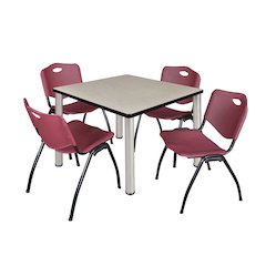 36 in Square Breakroom Table- Maple Top, Chrome Legs, 4 M Stack Chairs- Burgundy
