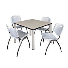 36 in Square Breakroom Table- Maple Top, Chrome Legs, 4 M Stack Chairs- Grey