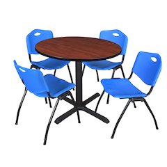 36 in. Round X-Base Breakroom Table- Cherry & 4 M Stack Chairs- Blue