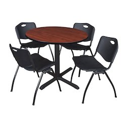 36 in. Round X-Base Breakroom Table- Cherry & 4 M Stack Chairs- Black