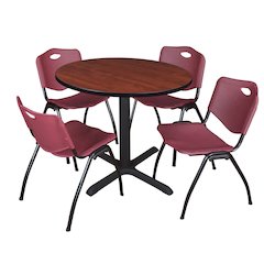 36 in. Round X-Base Breakroom Table- Cherry & 4 M Stack Chairs- Burgundy