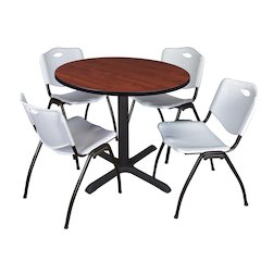 36 in. Round X-Base Breakroom Table- Cherry & 4 M Stack Chairs- Grey