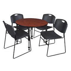 36 in. Round Adjustable Classroom Table- Cherry & 4 Zeng Stack Chairs- Black