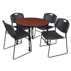 36 Round Mobile Adjustable Classroom Table- Cherry & 4 Zeng Stack Chairs- Black