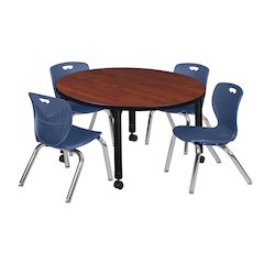 36 Round Adjustable Classroom Table- Cherry & 4 Andy 12 Stack Chairs- Blue