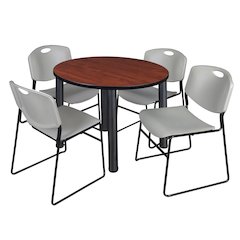 36 in Round Breakroom Table- Cherry Top, Black Legs, 4 Zeng Stack Chairs- Grey