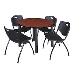 36 in Round Breakroom Table- Cherry Top, Black Legs, 4 M Stack Chairs- Black