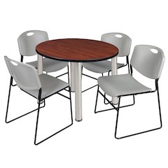 36 in Round Breakroom Table- Cherry Top, Chrome Legs, 4 Zeng Stack Chairs- Grey