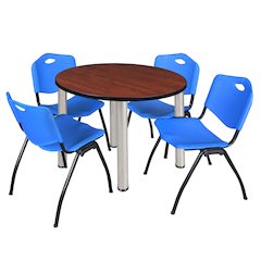 36 in Round Breakroom Table- Cherry Top, Chrome Legs, 4 M Stack Chairs- Blue