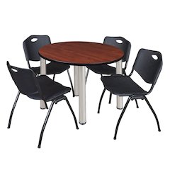 36 in Round Breakroom Table- Cherry Top, Chrome Legs, 4 M Stack Chairs- Black