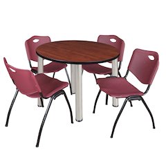 36 in Round Breakroom Table- Cherry Top, Chrome Legs, 4 M Stack Chairs- Burgundy