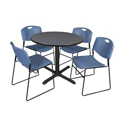 36 in. Round X-Base Breakroom Table- Grey & 4 Zeng Stack Chairs- Blue
