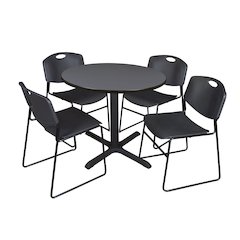 36 in. Round X-Base Breakroom Table- Grey & 4 Zeng Stack Chairs- Black