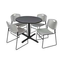36 in. Round X-Base Breakroom Table- Grey & 4 Zeng Stack Chairs- Grey