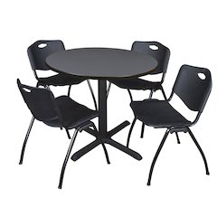 36 in. Round X-Base Breakroom Table- Grey & 4 M Stack Chairs- Black