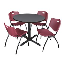 36 in. Round X-Base Breakroom Table- Grey & 4 M Stack Chairs- Burgundy