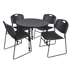 36 in. Round Adjustable Classroom Table- Grey & 4 Zeng Stack Chairs- Black