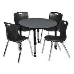 36 Round Adjustable Classroom Table- Grey & 4 Andy 18 Stack Chairs- Black