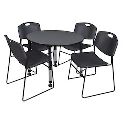 36 Round Mobile Adjustable Classroom Table- Grey & 4 Zeng Stack Chairs- Black