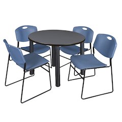 36 in Round Breakroom Table- Grey Top, Black Legs, 4 Zeng Stack Chairs- Blue